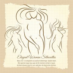 Woman silhouettes set on vintage notebook background. Vector female vintage poster design