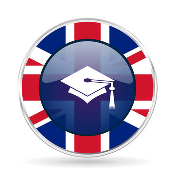 education british design icon - round silver metallic border button with Great Britain flag