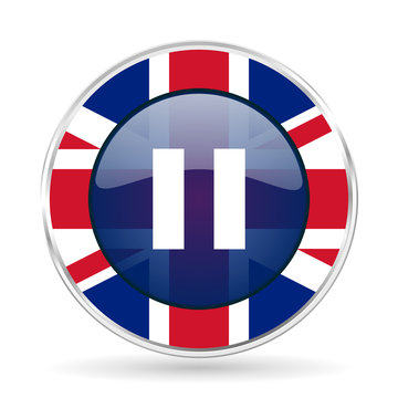 pause british design icon - round silver metallic border button with Great Britain flag
