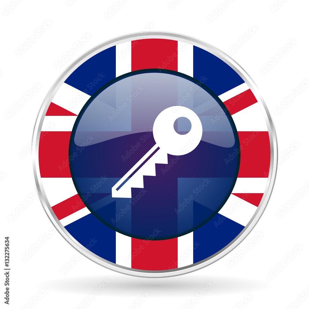 Poster key british design icon - round silver metallic border button with great britain flag