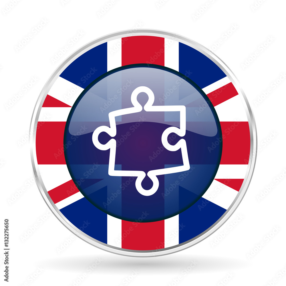 Poster puzzle british design icon - round silver metallic border button with great britain flag