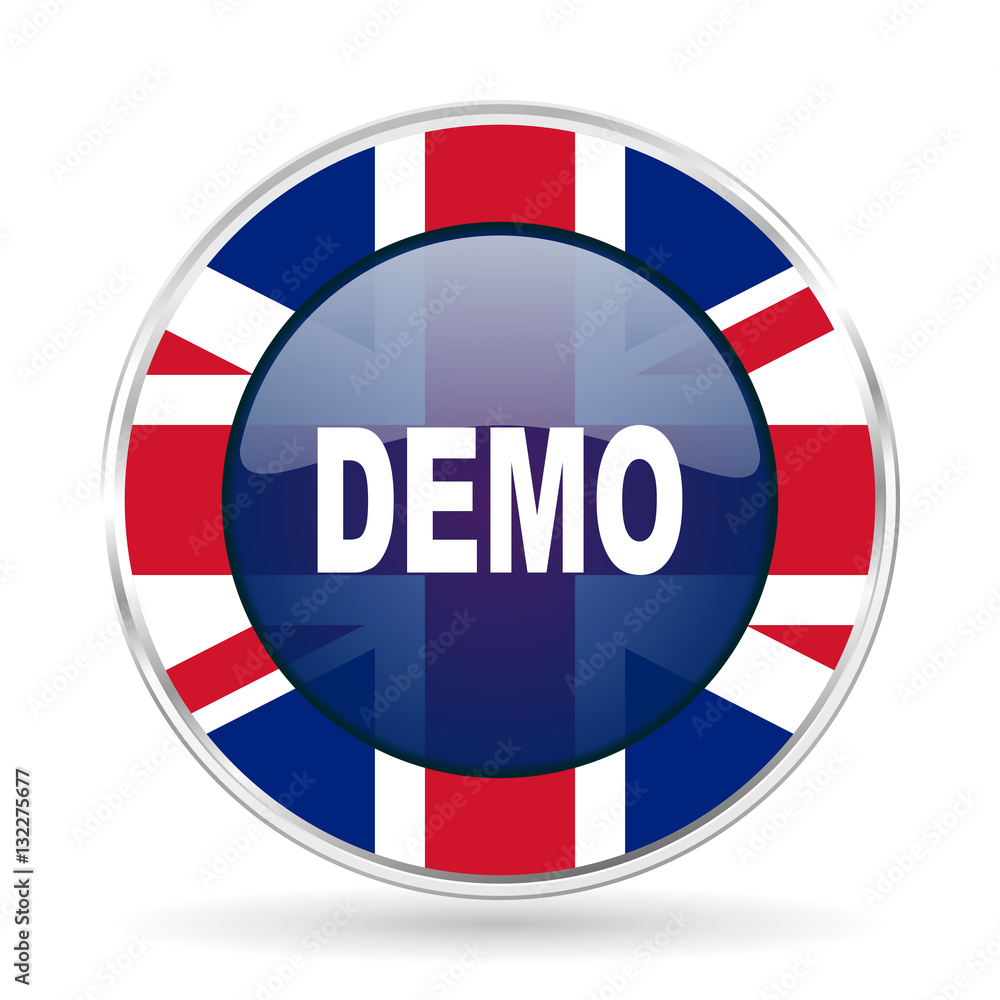 Poster demo british design icon - round silver metallic border button with great britain flag