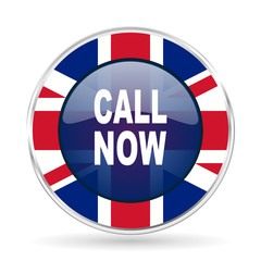 call now british design icon - round silver metallic border button with Great Britain flag