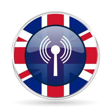 wifi british design icon - round silver metallic border button with Great Britain flag