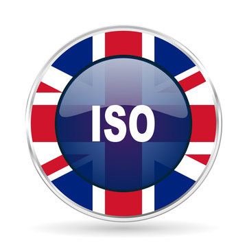 iso british design icon - round silver metallic border button with Great Britain flag