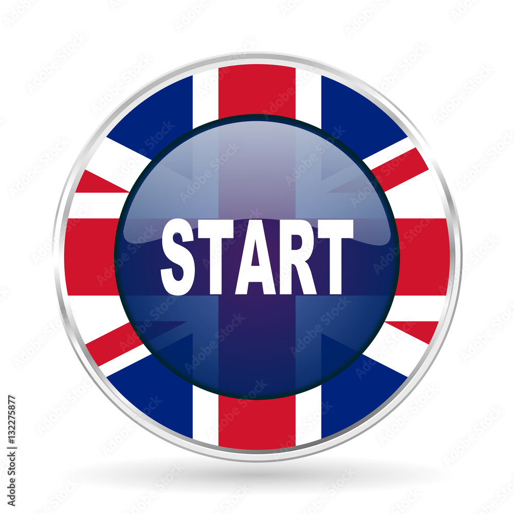 Poster start british design icon - round silver metallic border button with great britain flag