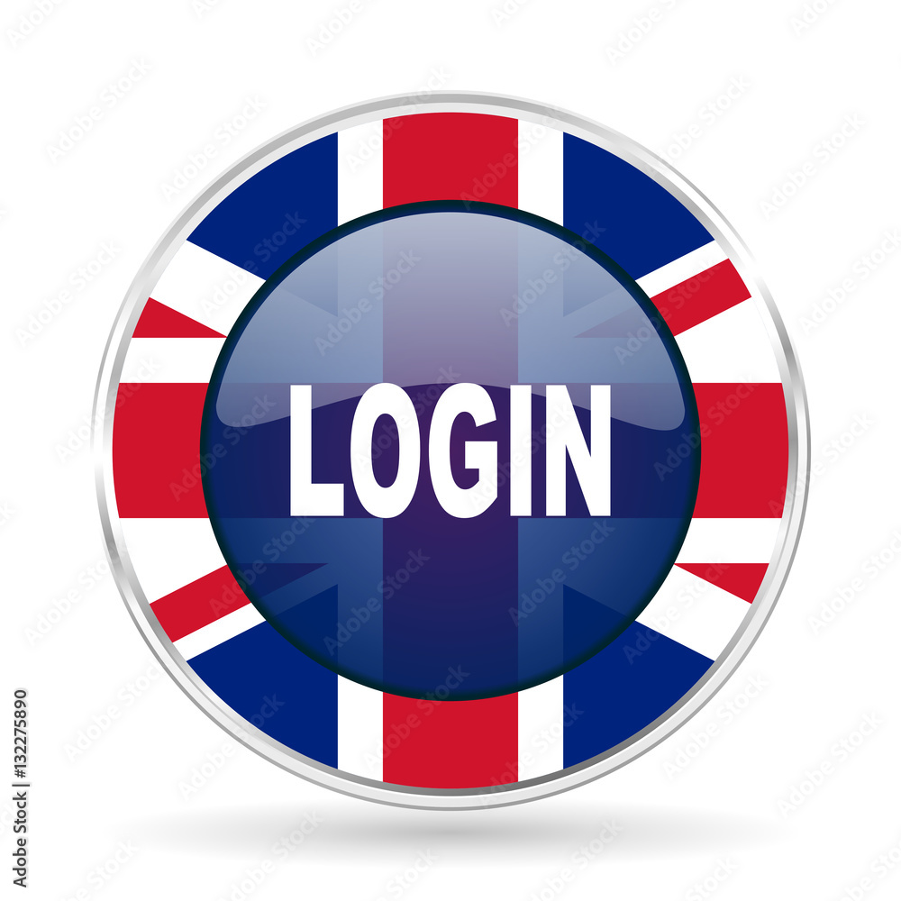 Poster login british design icon - round silver metallic border button with great britain flag