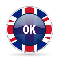 ok british design icon - round silver metallic border button with Great Britain flag