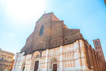 Perspective view of Balisica of San Petronio on the Piazza Maggiore or main square, Bologna, Italy. It is the largest church built in bricks in the world.