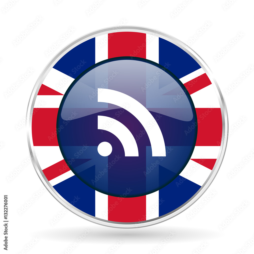 Poster rss british design icon - round silver metallic border button with great britain flag