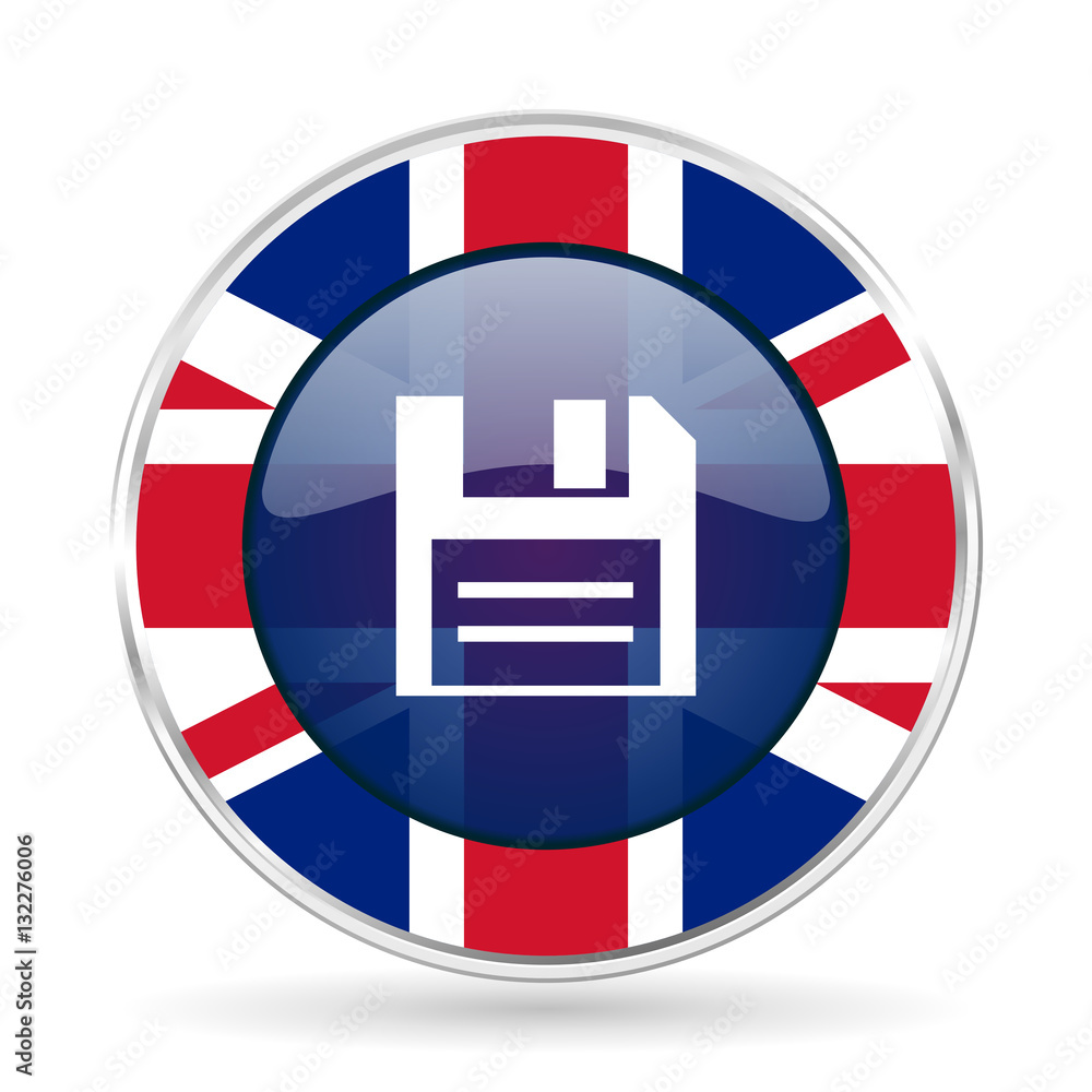 Poster disk british design icon - round silver metallic border button with great britain flag