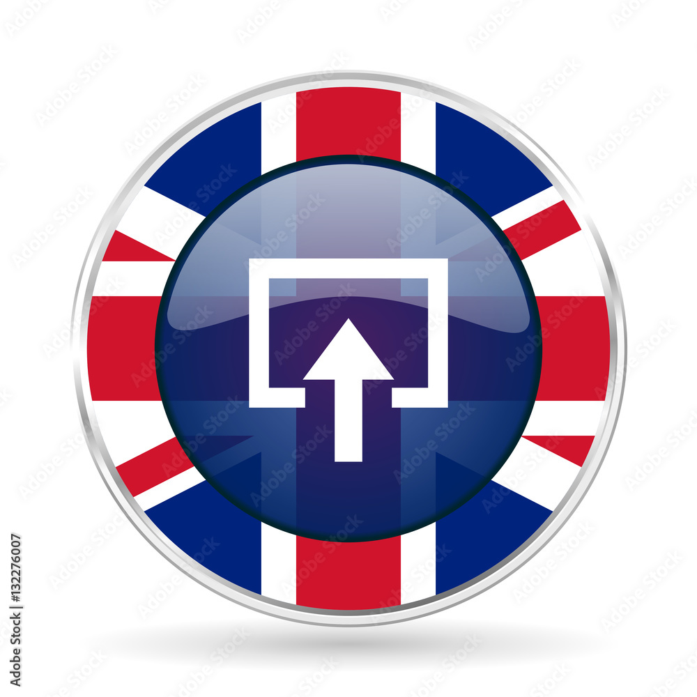 Poster enter british design icon - round silver metallic border button with great britain flag