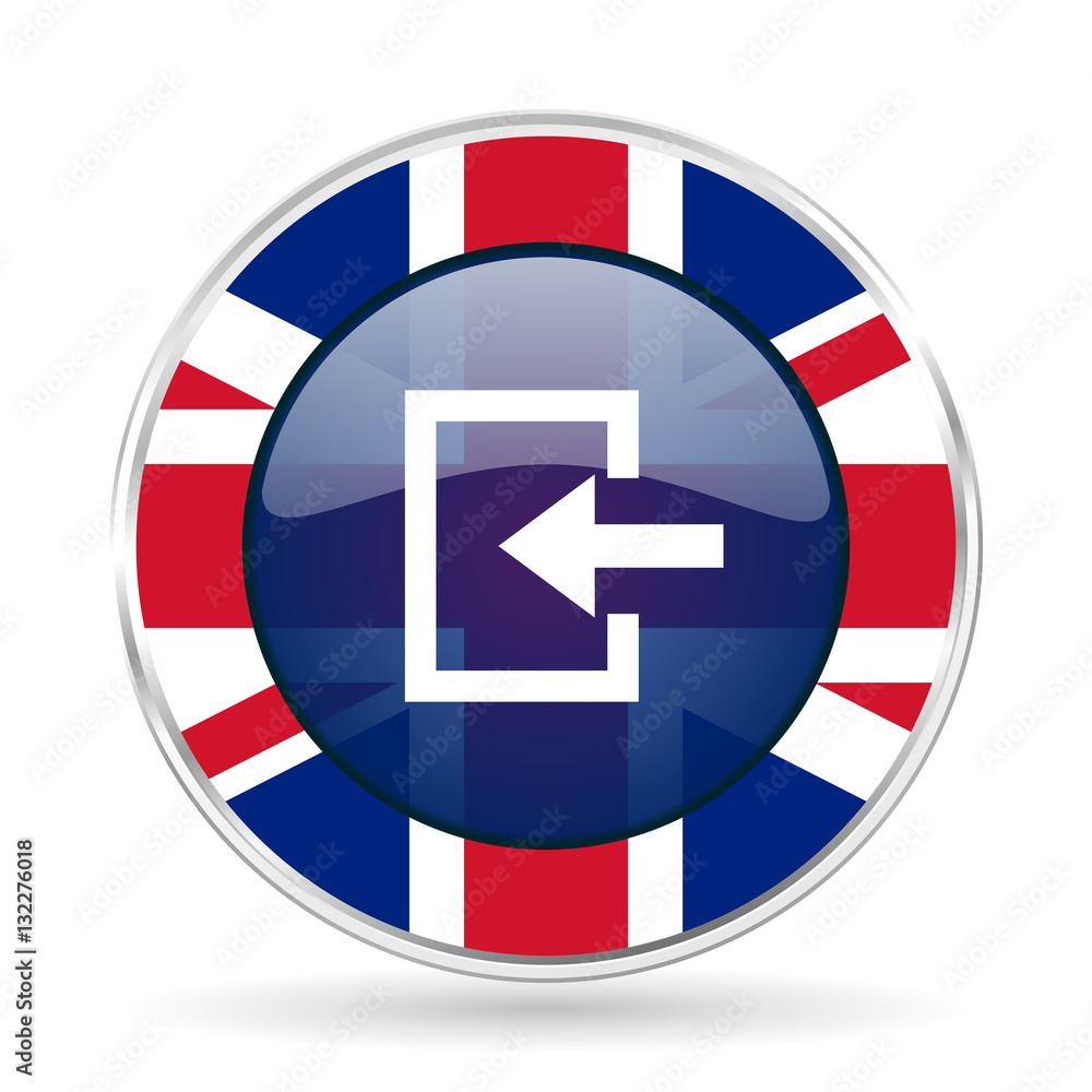 Poster enter british design icon - round silver metallic border button with great britain flag