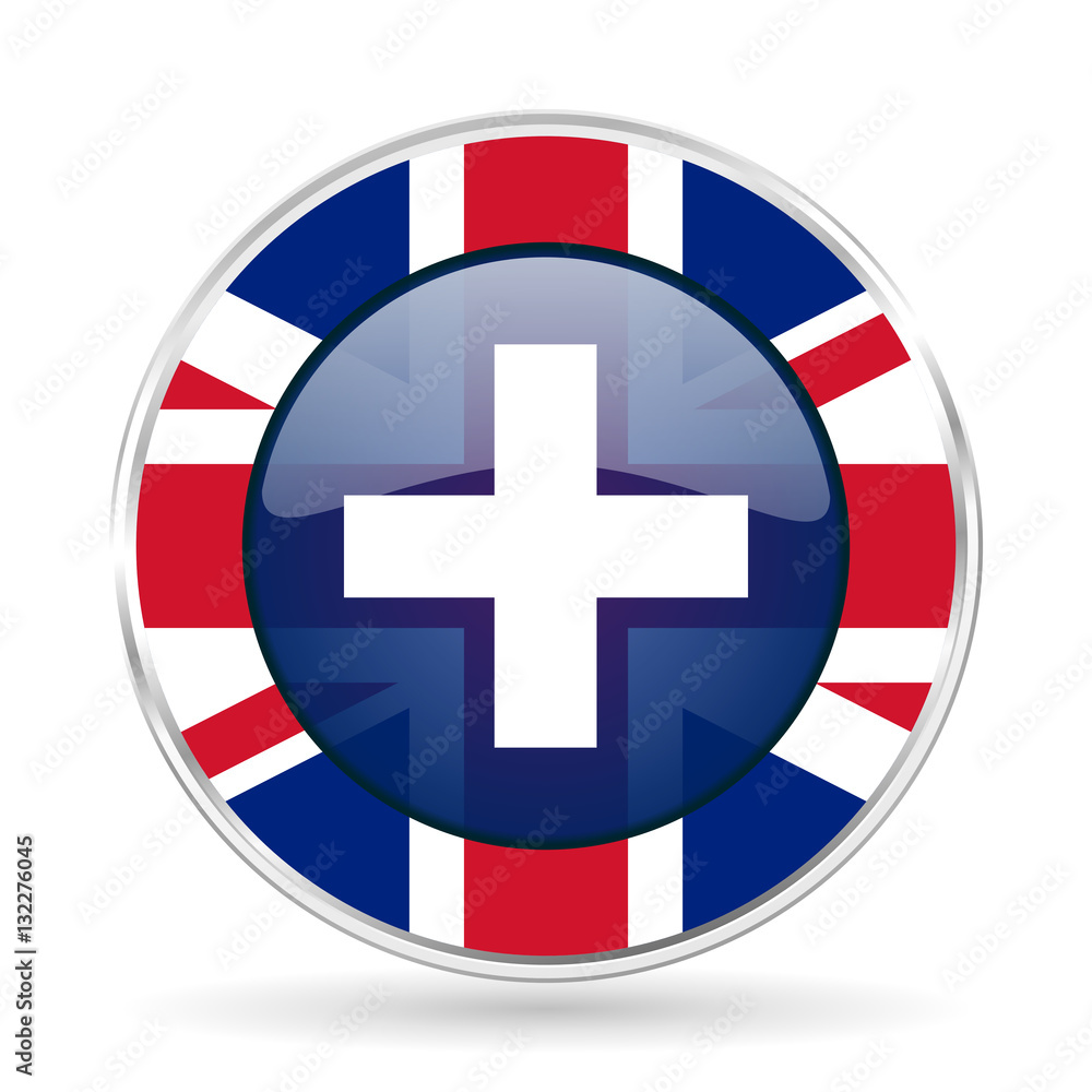 Poster plus british design icon - round silver metallic border button with great britain flag