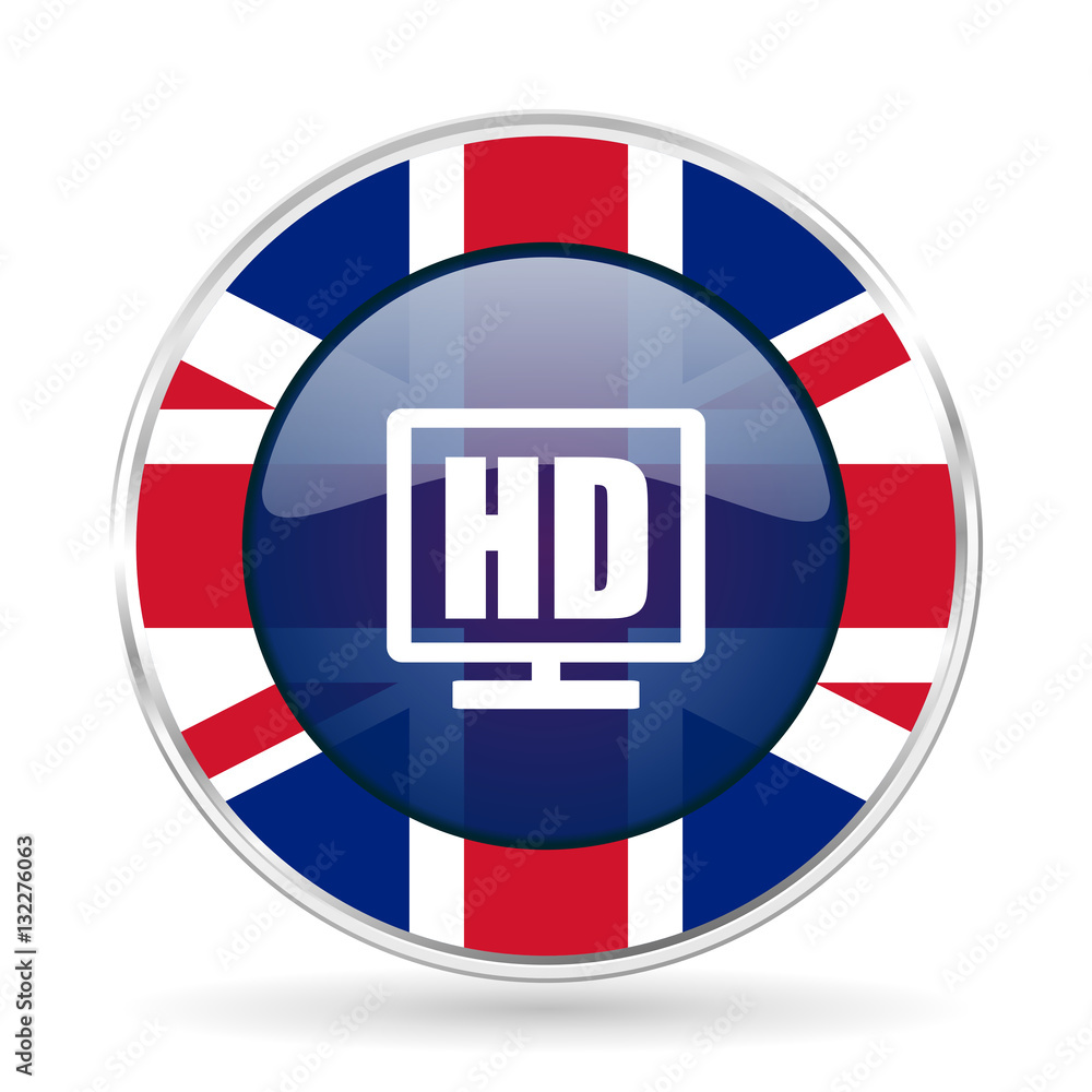 Poster hd display british design icon - round silver metallic border button with great britain flag