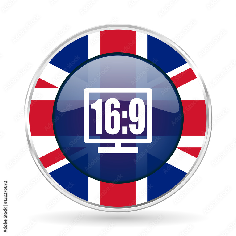 Poster 16 9 display british design icon - round silver metallic border button with great britain flag