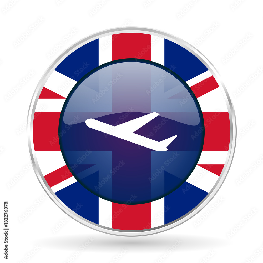 Poster deparures british design icon - round silver metallic border button with great britain flag