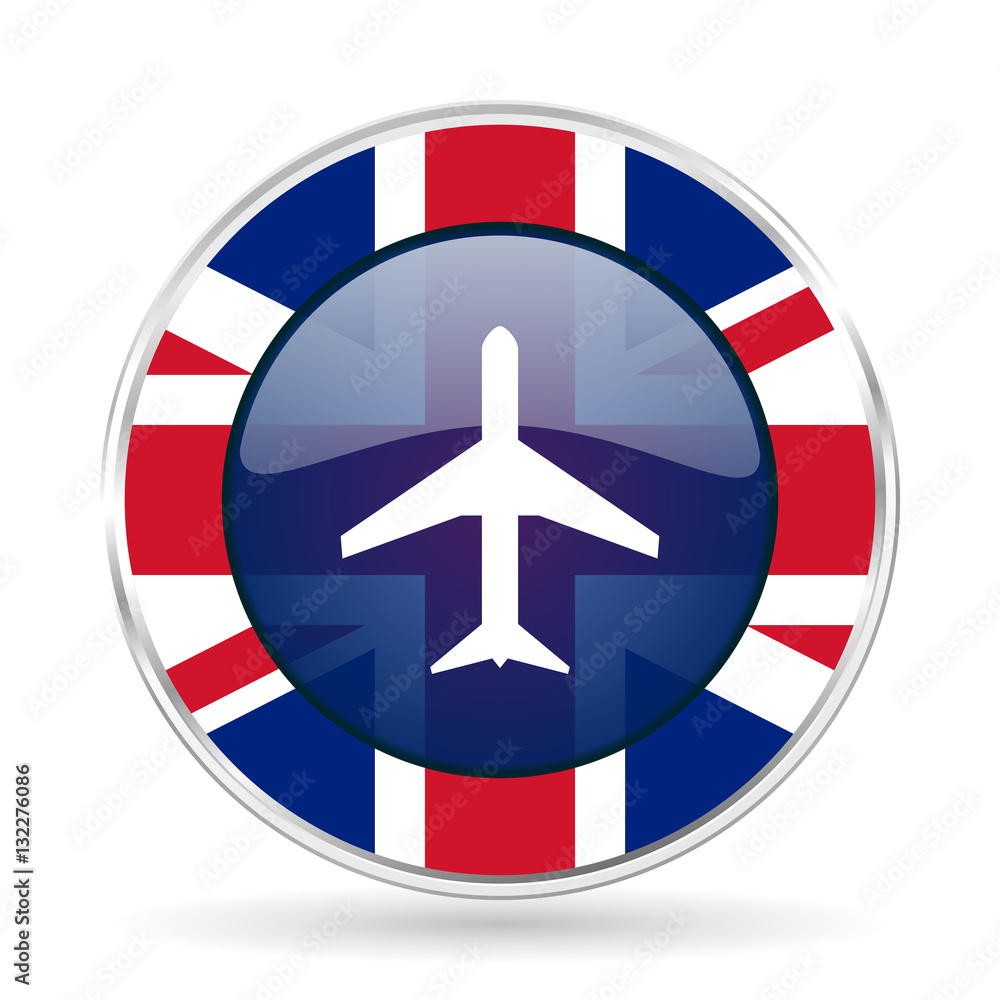 Poster plane british design icon - round silver metallic border button with great britain flag