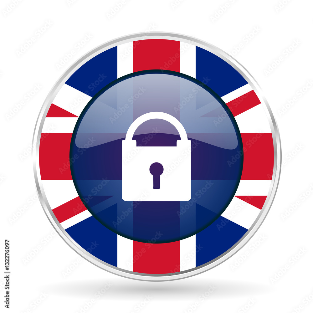 Poster padlock british design icon - round silver metallic border button with great britain flag