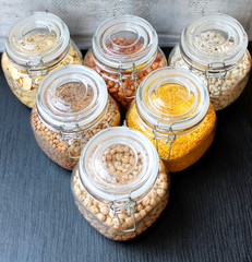 Bean grains in glass jars in the kitchen