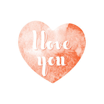 Watercolor red heart with inscription I love you in hand-writing style. Vector illustration.