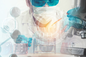 Double exposure of scientist,microscope and laboratory test tube