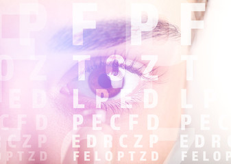 Ophthalmologist concept. Eyesight test chart and woman's eye, closeup