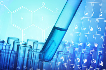 Health care concept. Test tube with fluid, blue tone