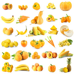 Assortment of fresh vegetables and fruits on white background