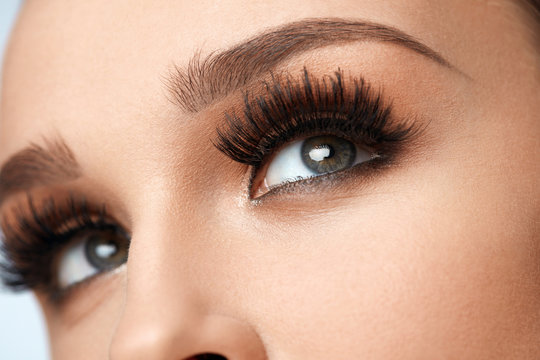 Long Black Eyelashes. Closeup Beautiful Female Eyes With Makeup