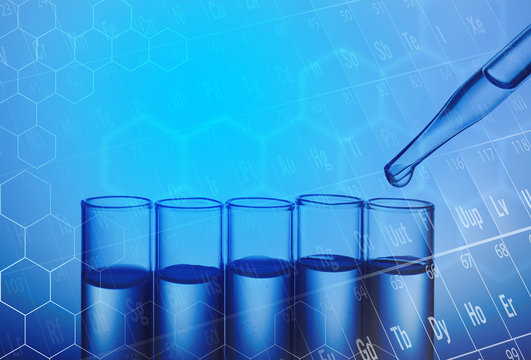 Health care concept. Pipette with fluid and test tubes, blue tone