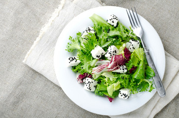 Green salad with spinach, frisee, arugula, radicchio, feta cheese and black sesame seed on blue wooden background
