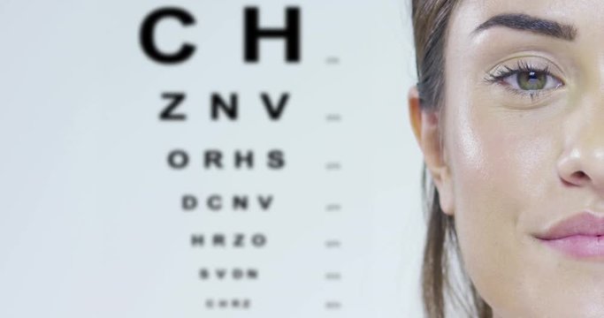 A girl makes eye examination to see if they will put the eyeglasses, and how many diopters lacking in his eyes for a perfect view. Glasses concept, view, eye examination