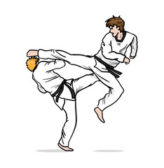 Taekwondo Fight. A hand drawn vector cartoon illustration of 2 guys fighting.