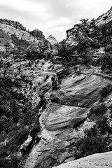Layers upon layers of rock peaks in black and white, USA