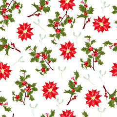 Christmas berry flower vector seamless pattern.