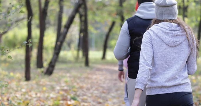 Young People Group Walking Two Couple Outdoor, Friends Morning Autumn Park Slow Motion 60 Fps