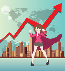 Superhero business woman cartoon with graph.