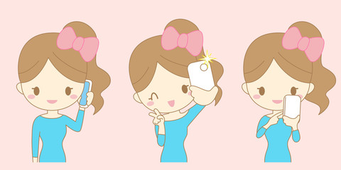 Cartoon woman smile take selfie