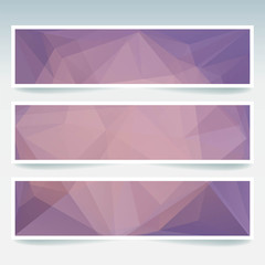 Vector banners set with polygonal abstract pink, orange triangles. Abstract polygonal low poly banners.