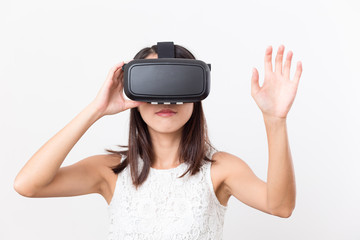 Woman watching though and hand touch on air