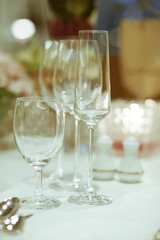 wine glass setup on the table in luxury dinner party, Blurry bac