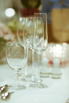 wine glass setup on the table in luxury dinner party, Blurry bac