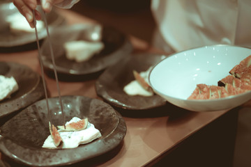 Blurry background vintage color style of chef cooking and decora