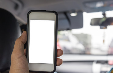 people sitting in the car and holding a touch phone with isolate