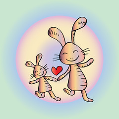 Happy mother bunny with with her baby. Sketchy style.