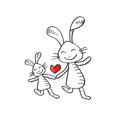 Happy mother bunny with with her baby. Sketchy style.