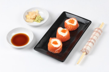 Salmon Mayo rolll ,Salad cream in salmon topped shrimp eggs.