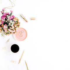 Fototapeta na wymiar Wildflowers bouquet, coffee cup, golden pen, clips and accessories. Styled flat lay mockup