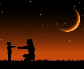 Silhouette of mother and child on the night background